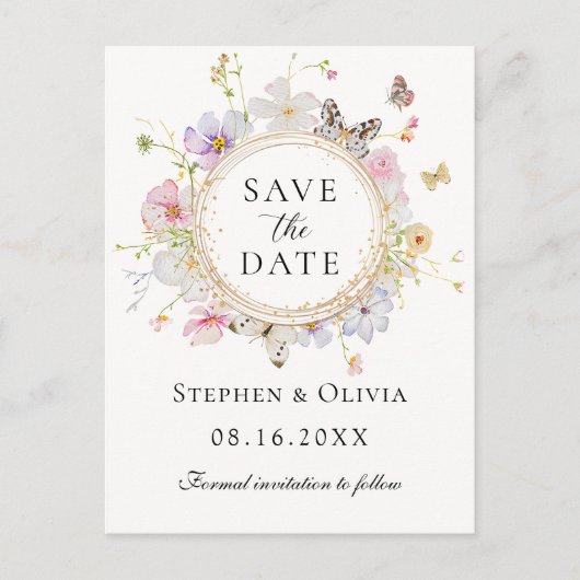 Moderne Wildflower Bloemenkrans Save the Date Aankondigingskaart (Voorkant)