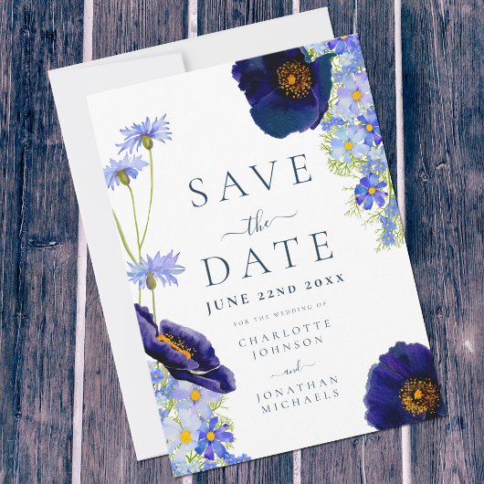 Moderne Wildflower Blue Boho bruiloft Save The Date