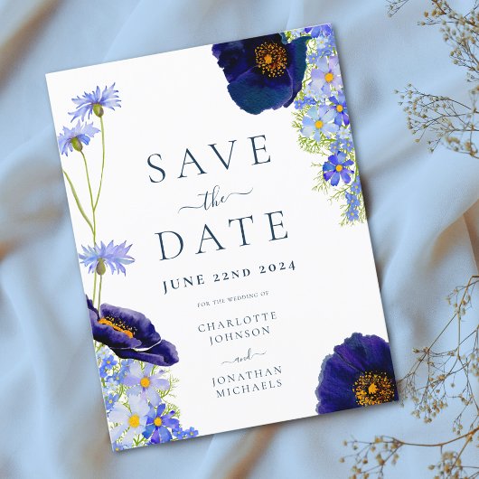 Moderne Wildflower Blue Boho bruiloft Save The Date