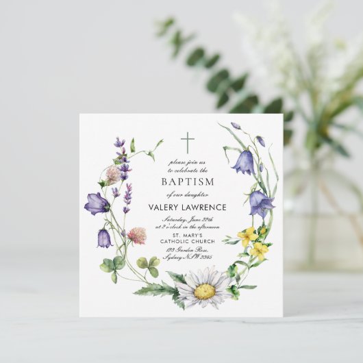 Moderne Wildflower Boho doop Kaart (Staand voorkant)