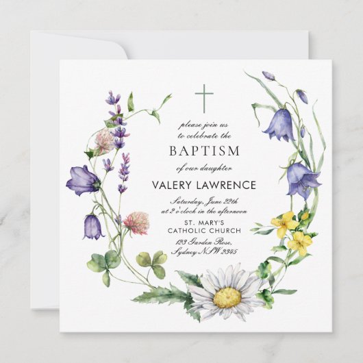 Moderne Wildflower Boho doop Kaart (Voorkant)