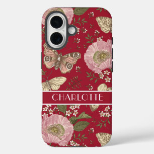 Moderne Wildflower Botanische Bloemen Rode Monogra iPhone 16 Hoesje