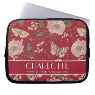 Moderne Wildflower Botanische Rode Bloemen Monogra Laptop Sleeve