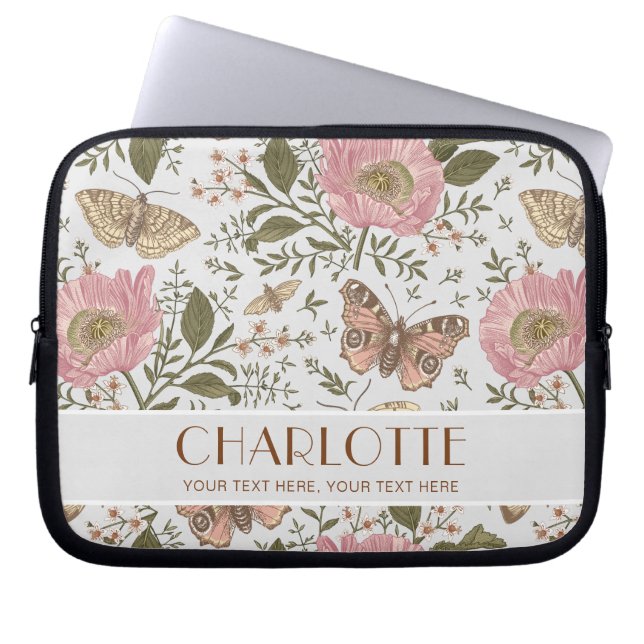 Moderne Wildflower Botanische Rode Bloemen Monogra Laptop Sleeve (Voorkant)