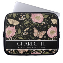 Moderne Wildflower Botanische Zwarte Bloemen Monog Laptop Sleeve