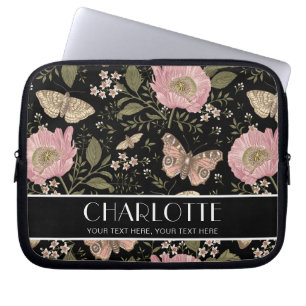 Moderne Wildflower Botanische Zwarte Bloemen Monog Laptop Sleeve