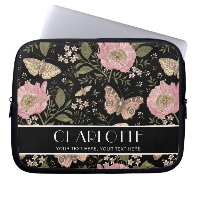 Moderne Wildflower Botanische Zwarte Bloemen Monog Laptop Sleeve (Voorkant)