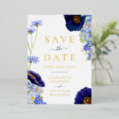 Moderne Wildflower Bruiloft Blauw en Goud Folie Uitnodiging (Staand Voorkant)