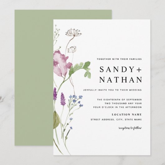 Moderne Wildflower bruiloft uitnodiging (Voorkant / Achterkant)