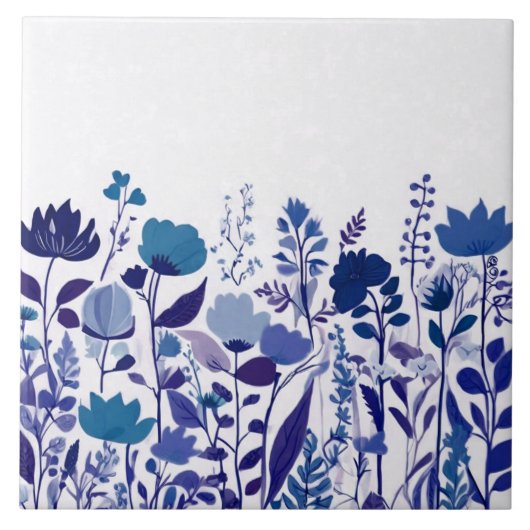 Moderne Wildflower Donkerblauw & Witte Bloemen Tegeltje (Voorkant)