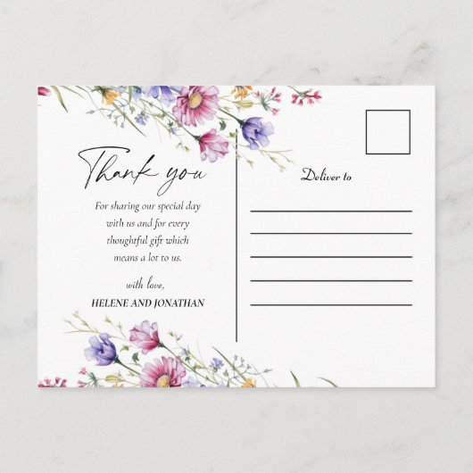 Moderne Wildflower Floral Elegant Bruiloft Dank u Briefkaart (Achterkant)