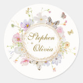 Moderne Wildflower Floral krans bruiloft Ronde Sticker (Voorkant)