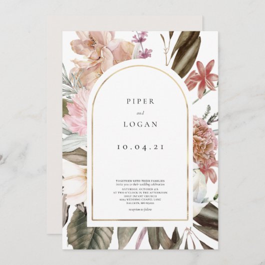 Moderne Wildflower Gouden Boog Bruiloft Kaart (Voorkant / Achterkant)