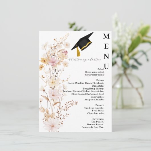 Moderne Wildflower Graduation Party Menu Kaart (Staand voorkant)