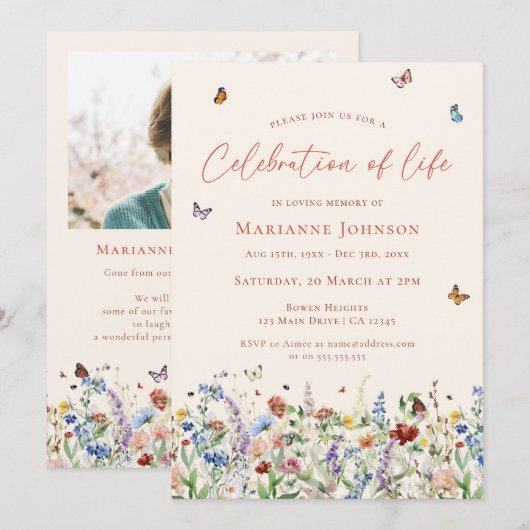 Moderne Wildflower Memorial Viering van het Leven Kaart (Voorkant / Achterkant)