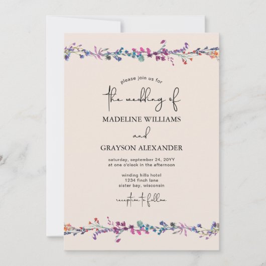 Moderne Wildflower met handschrift bruiloft Kaart (Voorkant)