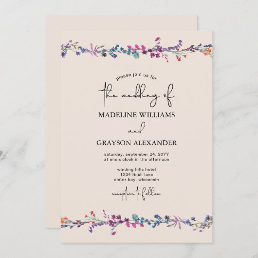 Moderne Wildflower met handschrift bruiloft Kaart (Voorkant / Achterkant)