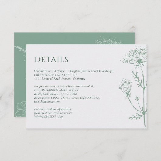 Moderne Wildflower Minimal Sage Green Wedding Informatiekaartje (Voorkant / Achterkant)