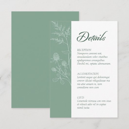 Moderne Wildflower Minimal Sage Green Wedding Informatiekaartje (Voorkant / Achterkant)
