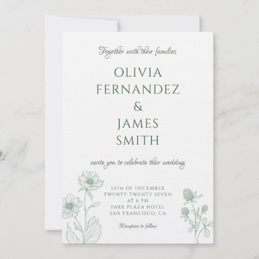 Moderne Wildflower Minimal Sage Green Wedding Kaart (Voorkant)