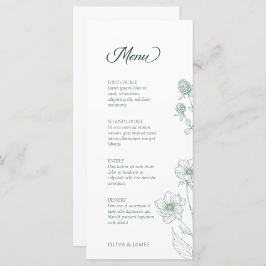 Moderne Wildflower Minimal Sage Green Wedding Menu (Voorkant / Achterkant)