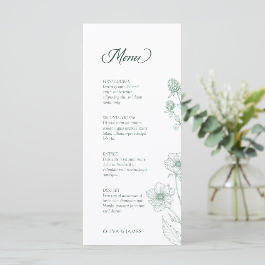 Moderne Wildflower Minimal Sage Green Wedding Menu (Staand voorkant)