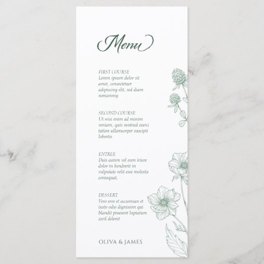 Moderne Wildflower Minimal Sage Green Wedding Menu (Voorkant)