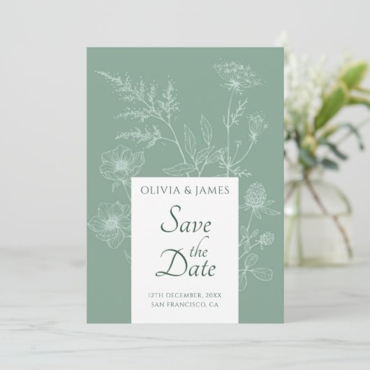 Moderne Wildflower Minimal Sage Green Wedding Save The Date (Staand voorkant)