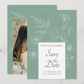 Moderne Wildflower Minimal Sage Green Wedding Save The Date (Voorkant / Achterkant)