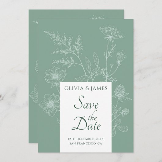 Moderne Wildflower Minimal Sage Green Wedding Save The Date (Voorkant / Achterkant)