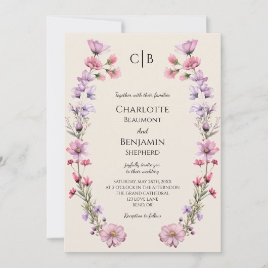 Moderne Wildflower Monogram Alles In Een Bruiloft Kaart (Voorkant)