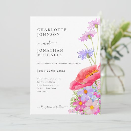 Moderne Wildflower Pastel Waterverf Bruiloft Kaart (Staand voorkant)