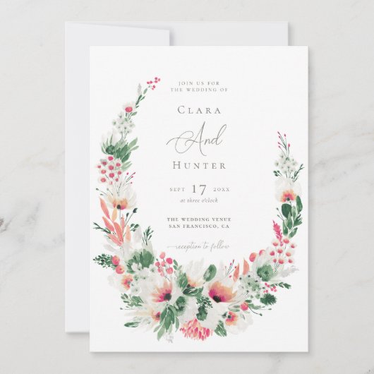 Moderne Wildflower Roze Bruiloft Kaart (Voorkant)