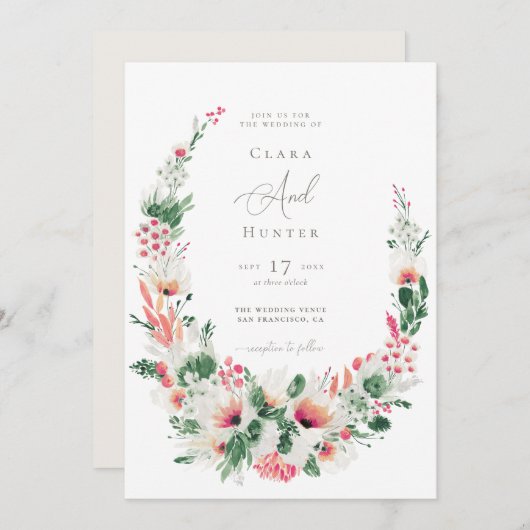 Moderne Wildflower Roze Bruiloft Kaart (Voorkant / Achterkant)