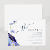 Moderne Wildflower Waterverf Blauw Bruiloft Detail Informatiekaartje (Voorkant / Achterkant)