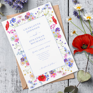 Moderne Wildflower Waterverf Blauw Bruiloft Kaart