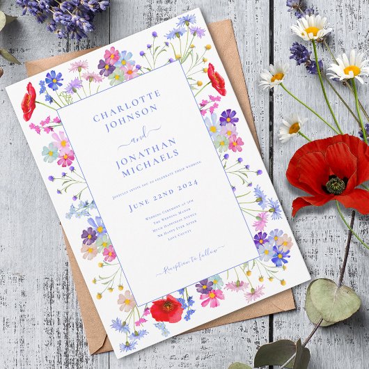 Moderne Wildflower Waterverf Blauw Bruiloft Kaart