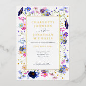 Moderne Wildflower Waterverf Blauw Gouden Bruiloft Folie Uitnodiging (Voorkant)