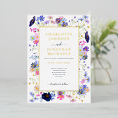 Moderne Wildflower Waterverf Blauw Gouden Bruiloft Folie Uitnodiging (Staand Voorkant)
