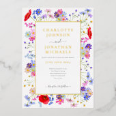 Moderne Wildflower Waterverf Elegant Gouden Bruilo Folie Uitnodiging (Voorkant)