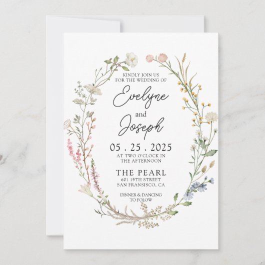 Moderne Wildflower Whimsical Floral Wreath Bruilof Kaart (Voorkant)