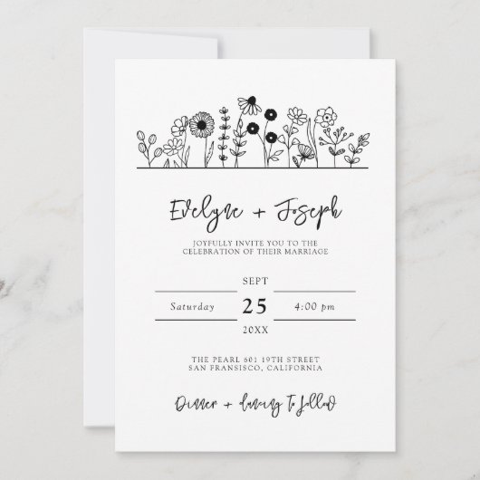 Moderne Wildflower Zwart Wit Boho Unieke Bruiloft Kaart (Voorkant)