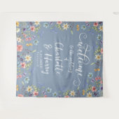 Moderne Wildflowers Blue Wedding Welkom achtergron Wandkleed (Voorkant (horizontaal))