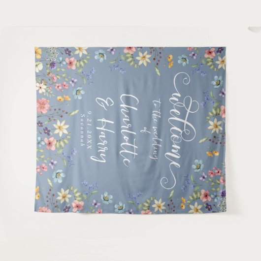 Moderne Wildflowers Blue Wedding Welkom achtergron Wandkleed (Voorkant (horizontaal))