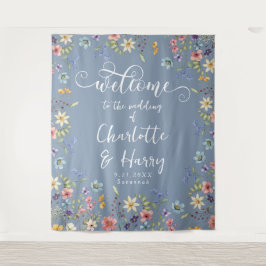 Moderne Wildflowers Blue Wedding Welkom achtergron Wandkleed