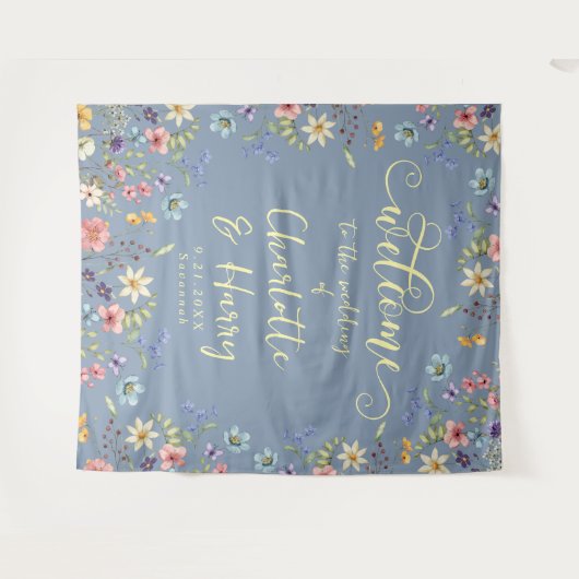 Moderne Wildflowers Blue Wedding Welkom achtergron Wandkleed (Voorkant (horizontaal))