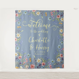 Moderne Wildflowers Blue Wedding Welkom achtergron Wandkleed