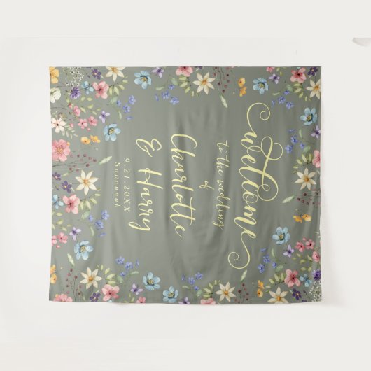 Moderne Wildflowers Green Wedding Welkom achtergro Wandkleed (Voorkant (horizontaal))