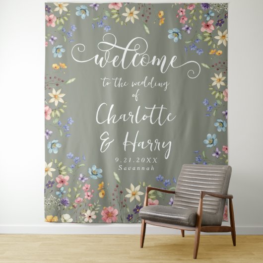 Moderne Wildflowers Sage Wedding Welkom achtergron Wandkleed (In situ)