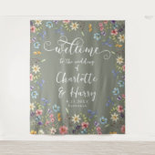 Moderne Wildflowers Sage Wedding Welkom achtergron Wandkleed (Voorkant)